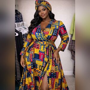 Vibrant Multicolor African Wrap Dress With Scarf